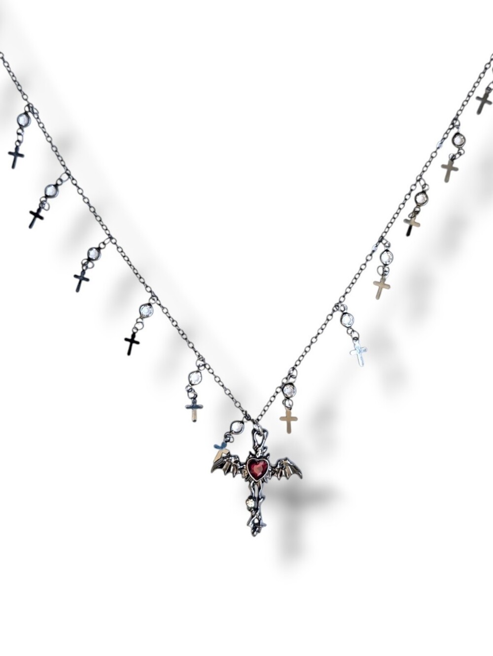 NWT Handmade Gun Metal And Red Gem Cross Necklace